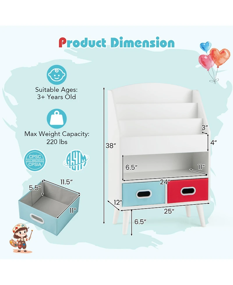 Gymax Kids Bookshelf with 3-Tier Bookshelves Open Compartment and 2 Foldable Fabric Drawers