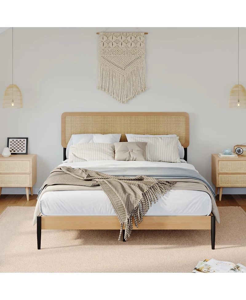 homfan Rattan Bed Frame, Wooden Platform with Headboard and Under Storage for Bedroom