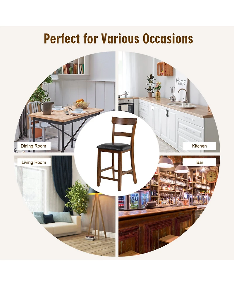 Gymax Set of Barstools Counter Height Chairs with Leather Seat and Rubber Wood Legs