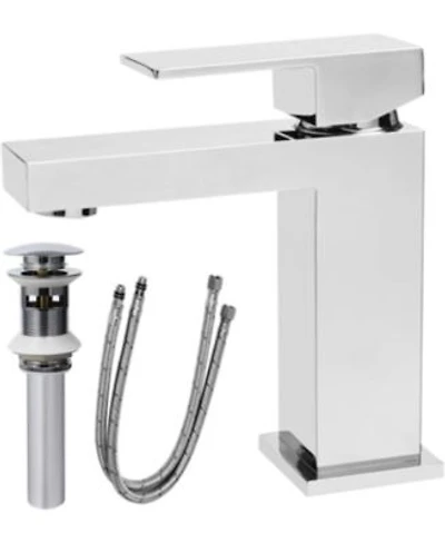 Busdays Modern Chrome Single Hole Solid Brass Bathroom Faucet Single Handle Heavy Duty Square Basin Vanity with Pop Up Drain