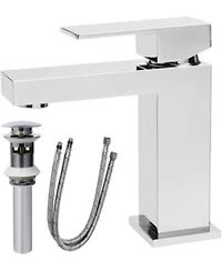 Busdays Modern Chrome Single Hole Solid Brass Bathroom Faucet Single Handle Heavy Duty Square Basin Vanity with Pop Up Drain