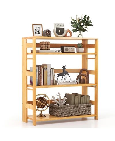 Gymax 4 Tier Bookshelf Floor Storage Shelf with Rubber Wood Frame Anti Toppling Kits