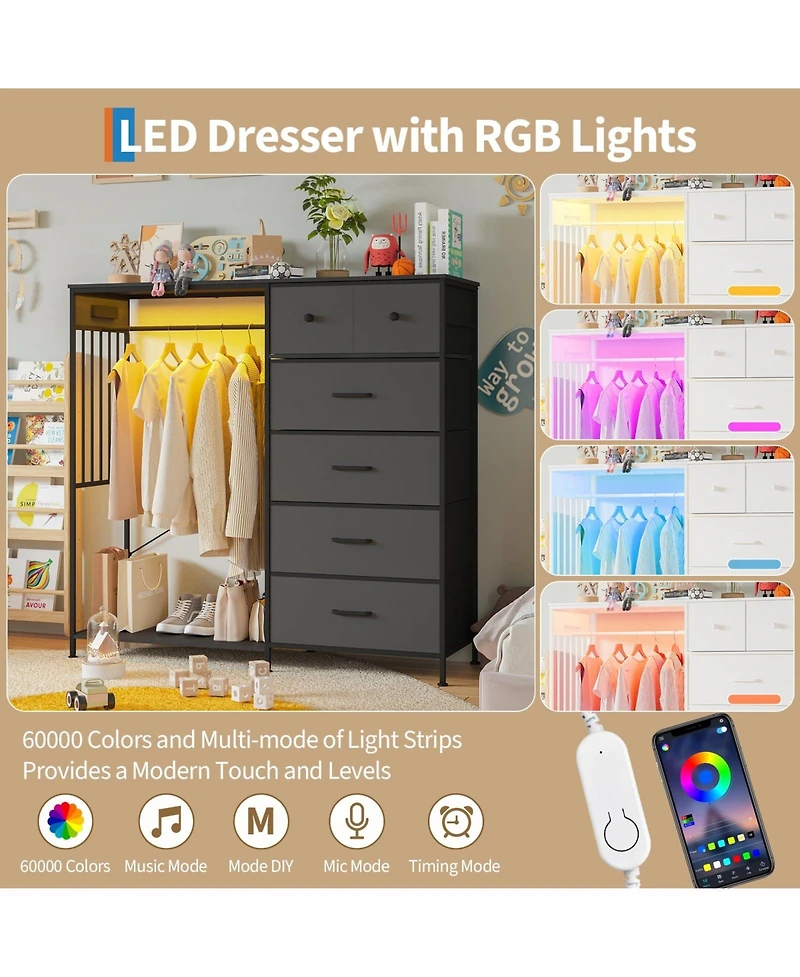 homfan 6 Drawer Dresser, 49 Inch Wood Tall Storage Cabinet with Hanging Rack and Led Lights for Bedroom Living Room Entryway