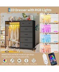 homfan 6 Drawer Dresser, 49 Inch Wood Tall Storage Cabinet with Hanging Rack and Led Lights for Bedroom Living Room Entryway