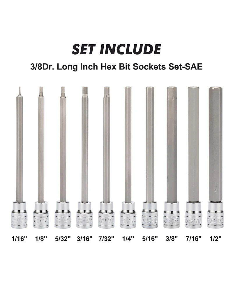 Xdovet Hex Bit Socket Set 3/8inch Drive Sae 1/16-1/2inch Long Allen Cr-v S2 Steel 10pieces