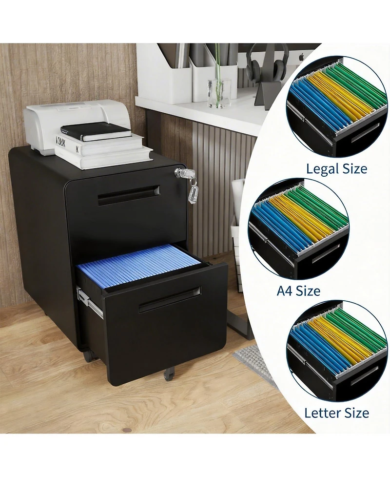 gaomon Metal Mobile File Cabinet with Lock, 2 Drawer Vertical Rolling Filing Cabinet, Under Desk Storage for Home Office Study Room