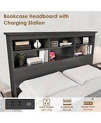 homfan Bed Frame with Bookcase Headboard, 2-Tier Storage Platform Bed with Charging Station, No Box Spring Needed