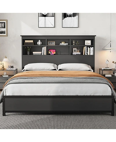 homfan Bed Frame with Bookcase Headboard, 2-Tier Storage Platform Bed with Charging Station, No Box Spring Needed