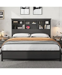 homfan Bed Frame with Bookcase Headboard, 2-Tier Storage Platform Bed with Charging Station, No Box Spring Needed