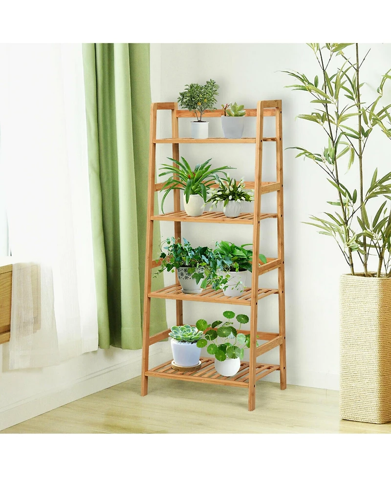 Gymax 4-Tier Bamboo Ladder Shelf Multipurpose Plant Display Stand Storage Bookshelf