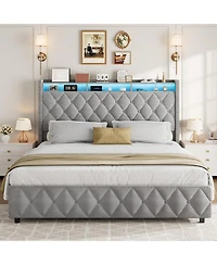 homfan Upholstered Platform Bed Frame, Tall Soft Headboard, 4 Storage Drawers, Usb Charging, Led Lights, Noise-Free, No Box Spring Needed