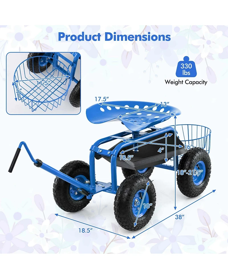 Garden Cart Rolling Work Seat for Planting w/E xtendable Handle
