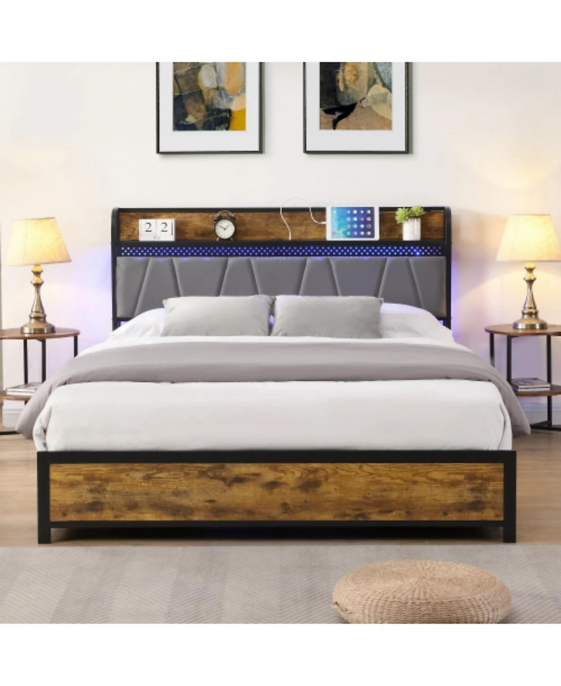 Lucky One Full Size Platform Bed Frame with Usb Outlets and Rgb Lights, 4 Storage Drawers, Heavy Duty Metal Slats, No Box Spring Needed