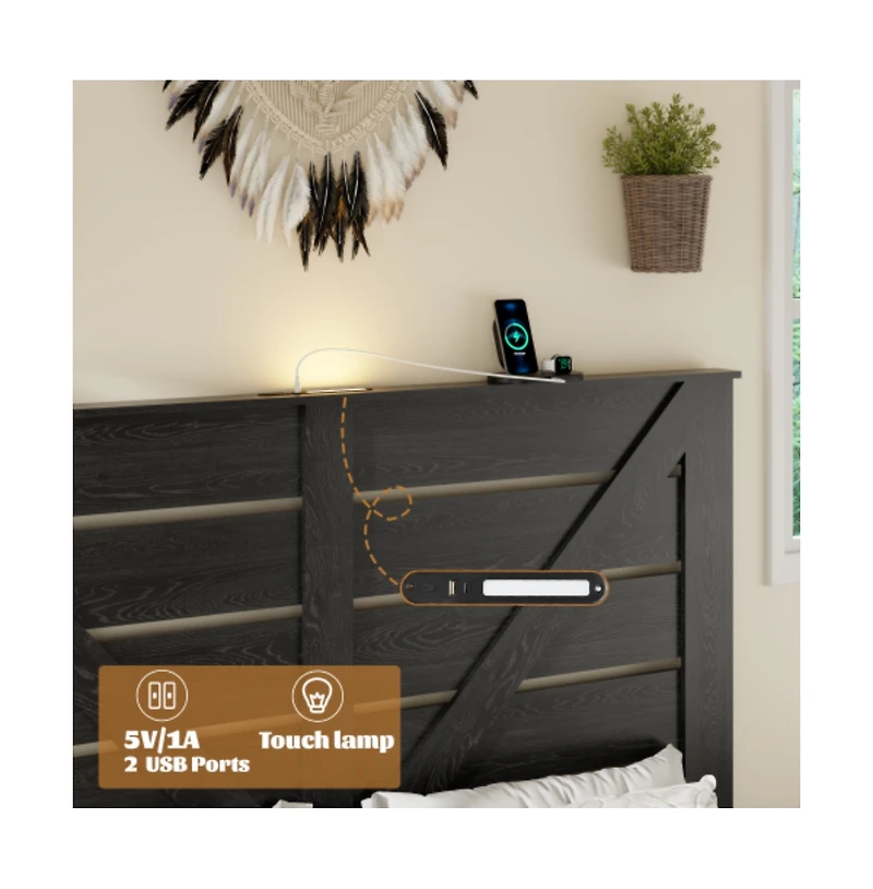 Lucky One Full Size Wood Platform Bed Frame with Heavy Duty Metal Frame, Industrial Style, Steel Slats, No Box Spring Needed
