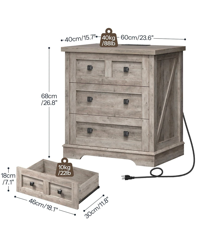 Slickblue Farmhouse 3-Drawer Nightstand with Charging Station for Bedroom