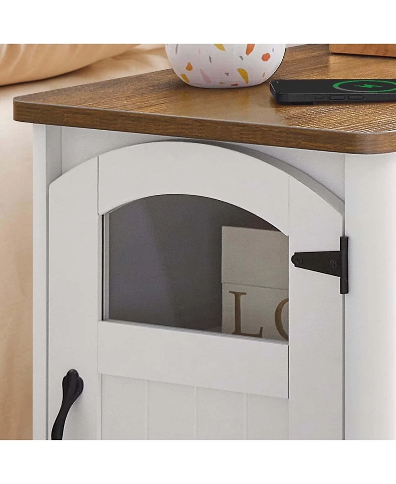 Slickblue Modern Side Table with Charging Station, Glass Door and Adjustable Shelf