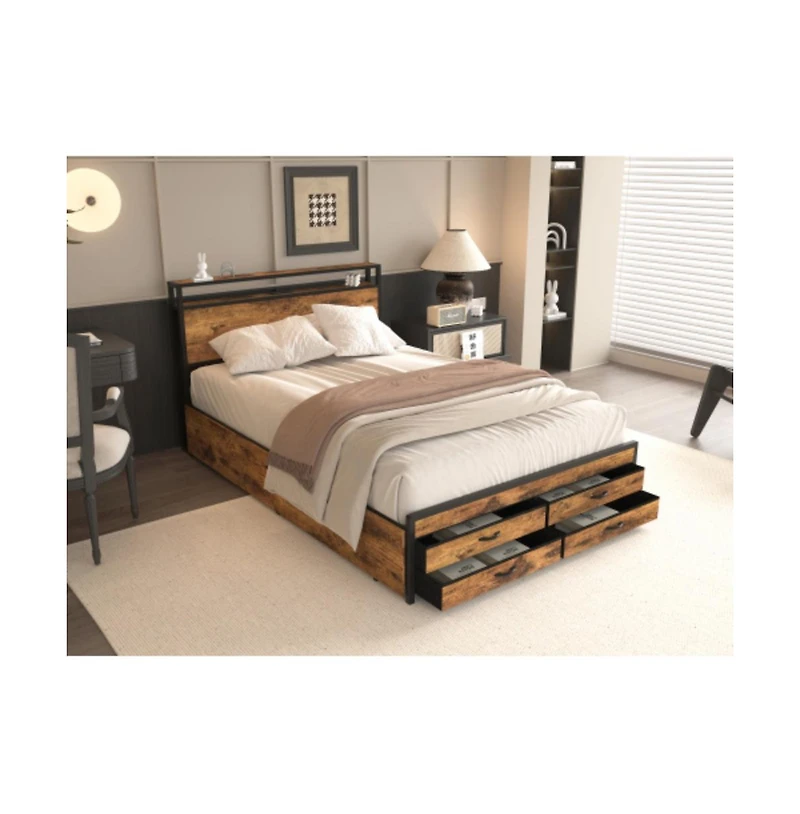 Lucky One Full Size Bed Frame with 8 Storage Drawers, Led Headboard, Usb Charging Station, Metal Platform, No Box Spring Needed