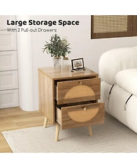 Slickblue Modern Rattan Bedside Tables Set of 2 with 2 Drawers and Wood Legs