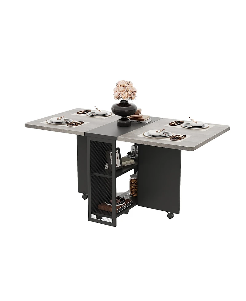 homfan Folding Drop Leaf Dining Table Set Expandable Table with 2 Storage Racks and 6 Wheels, Modern Industrial Seats 4-6