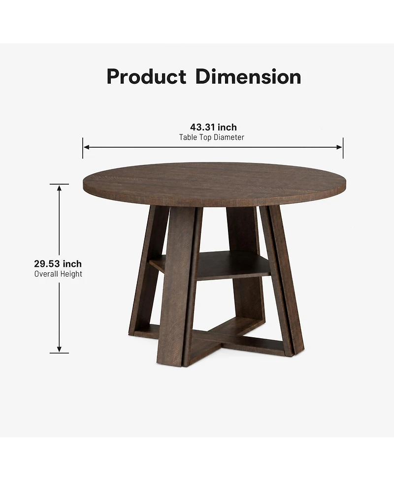 homfan 43.3 Inch Round Dining Table for 2 to 4, Pedestal Base with Storage Shelf, Space Saving for Apartment, Table Only