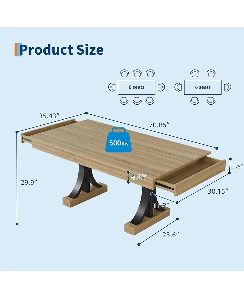 homfan 71 Inch Dining Table for 6 to 8 with 2 Drawers, Double Pedestal Industrial Wooden Kitchen Table