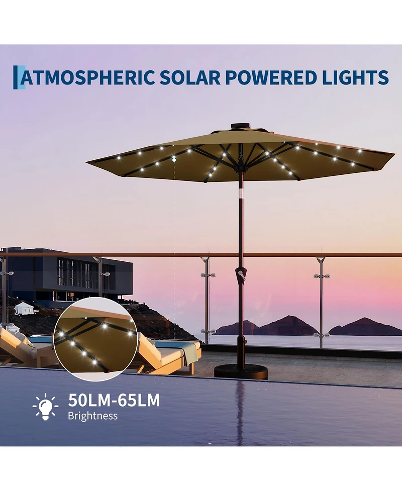 homfan 9Feet Solar Led Patio Umbrella, Outdoor Market Umbrella With 8 Durable Ribs, 30degree(s) Dual Tilt & Easy Crank, Perfect For Garden, Balcony