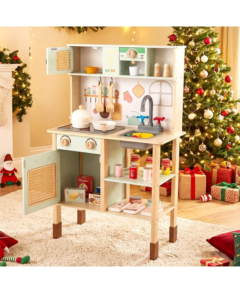 Gymax Kids Play Kitchen Wooden Pretend Kitchen Playset with Rattan Doors Wood Legs