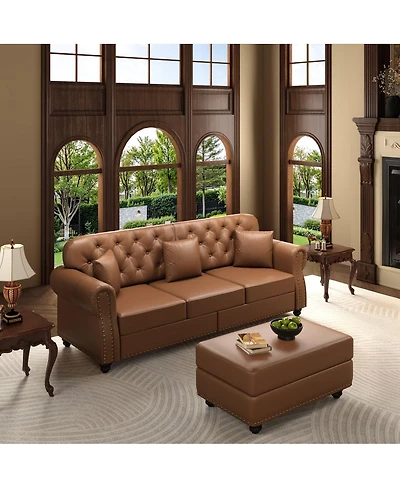 Maison Boucle 82.6'' Faux Leather Sofa with Ottoman, Nailhead Tufted, Wood Frame