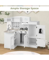 Gymax Kid's Corner Kitchen Playset Wooden Chef Play with Sink Stove Range Hood Utensils