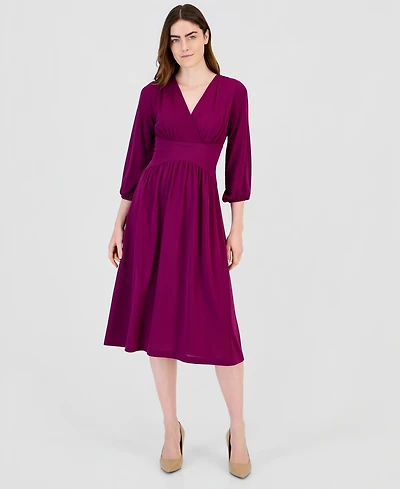 Anne Klein Women's Cross-v-Neck Blouson-Sleeve Fit & Flare Dress