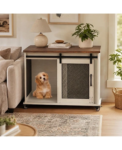 homfan Barn Door Dog Cage with Wheels, Furniture-Style Pet Crate on Casters for Medium Dogs Living Room Home