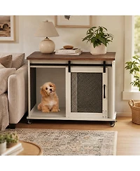 homfan Barn Door Dog Cage with Wheels, Furniture-Style Pet Crate on Casters for Medium Dogs Living Room Home