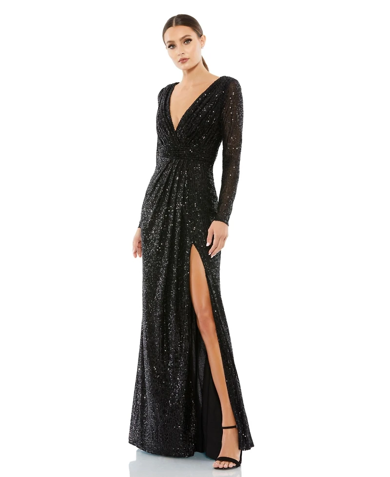 Mac Duggal Women's Floor-Length Sequin Gown Featuring Long Sleeves and Sheer Accents