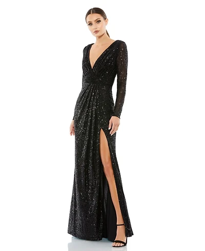 Mac Duggal Women's Floor-Length Sequin Gown Featuring Long Sleeves and Sheer Accents
