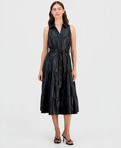 T Tahari Women's Faux-Leather Tie-Waist Tiered Maxi Dress