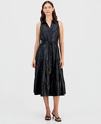T Tahari Women's Faux-Leather Tie-Waist Tiered Maxi Dress