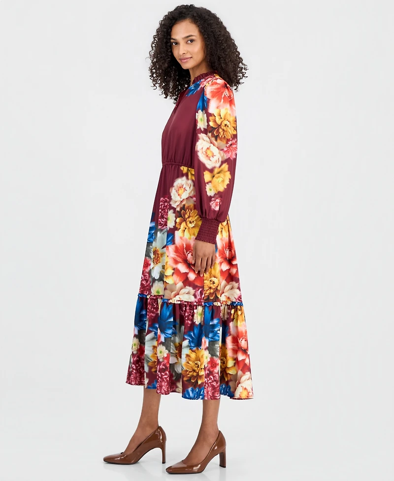 T Tahari Women's Floral Long-Sleeve A-Line Midi Dress