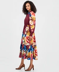 T Tahari Women's Floral Long-Sleeve A-Line Midi Dress