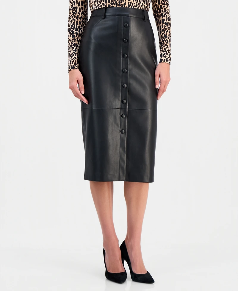 T Tahari Women's Faux-Leather Button-Front Slim Skirt