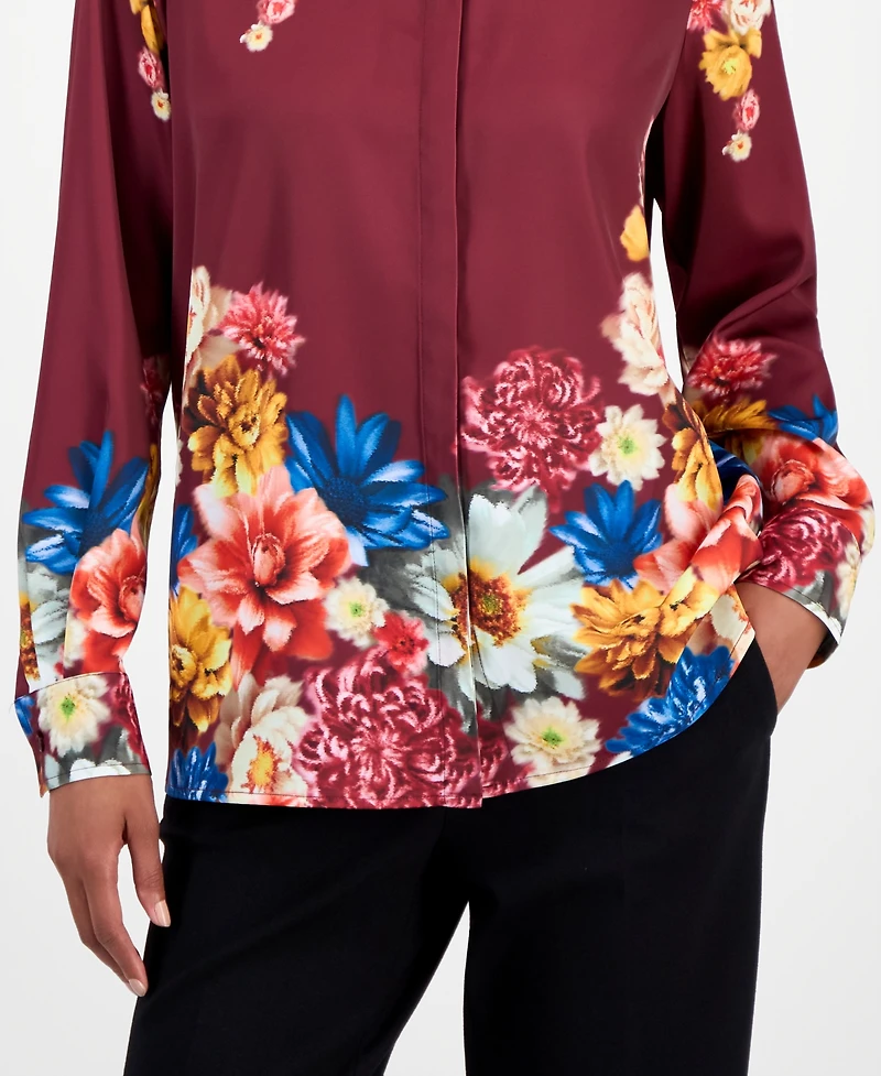 T Tahari Women's Floral Button-Front Tunic Blouse