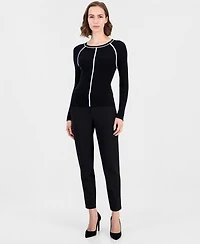 T Tahari Women's Raglan-Sleeve Ribbed Crewneck Long-Sleeve Pullover Sweater
