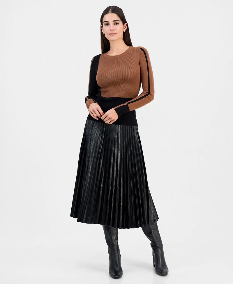 T Tahari Women's Color-Blocked Ribbed Crewneck Sweater