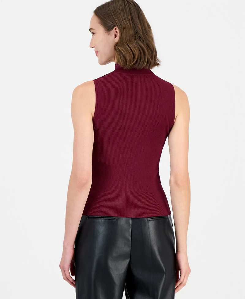 T Tahari Women's Sleeveless Ribbed Mock-Neck Sweater