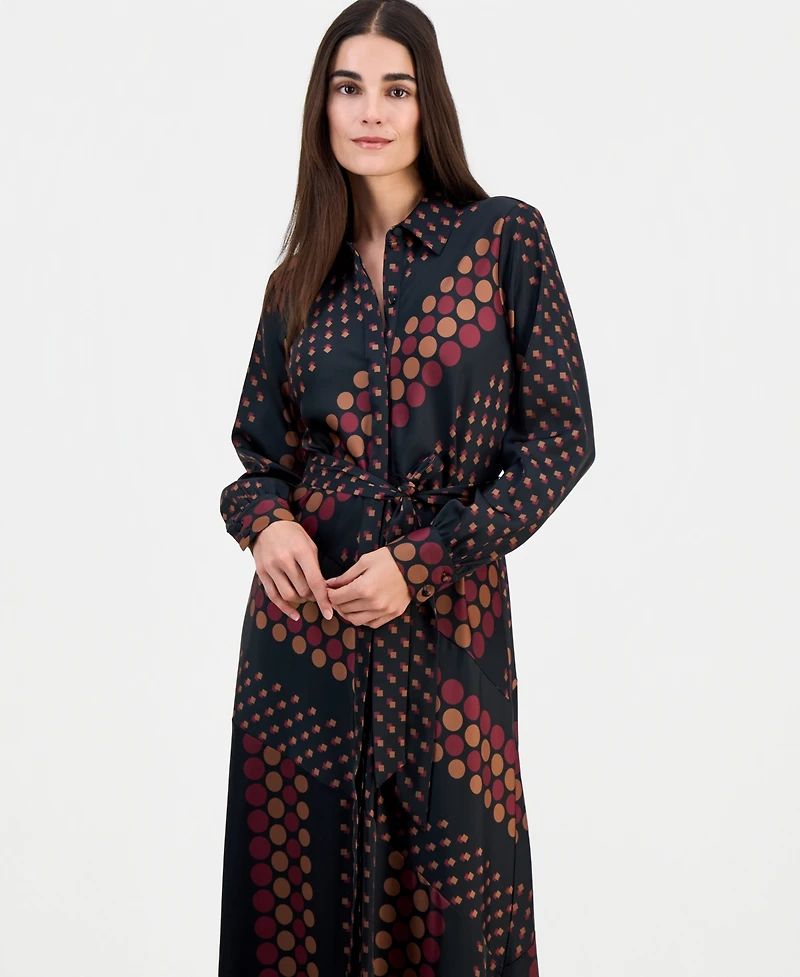 T Tahari Women's Printed Tie-Waist Diagonal-Tiered Shirt Dress