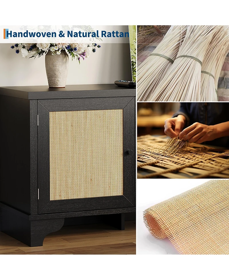 homfan Rattan Tv Stand Fits TVs Up to 70 Inches, Farmhouse Entertainment Center with 2 Cabinets and Open Shelves, Wooden Media Console Table