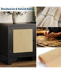 homfan Rattan Tv Stand Fits TVs Up to 70 Inches, Farmhouse Entertainment Center with 2 Cabinets and Open Shelves, Wooden Media Console Table