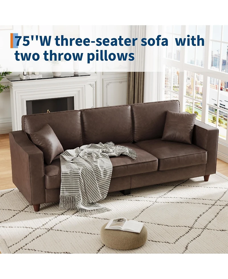 homfan 85 Inches 3-Seater Sofa with 2 Throw Pillows, Faux Leather Couch, Back Cushion, Support Feet for Living Room