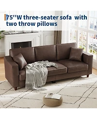 homfan 85 Inches 3-Seater Sofa with 2 Throw Pillows, Faux Leather Couch, Back Cushion, Support Feet for Living Room