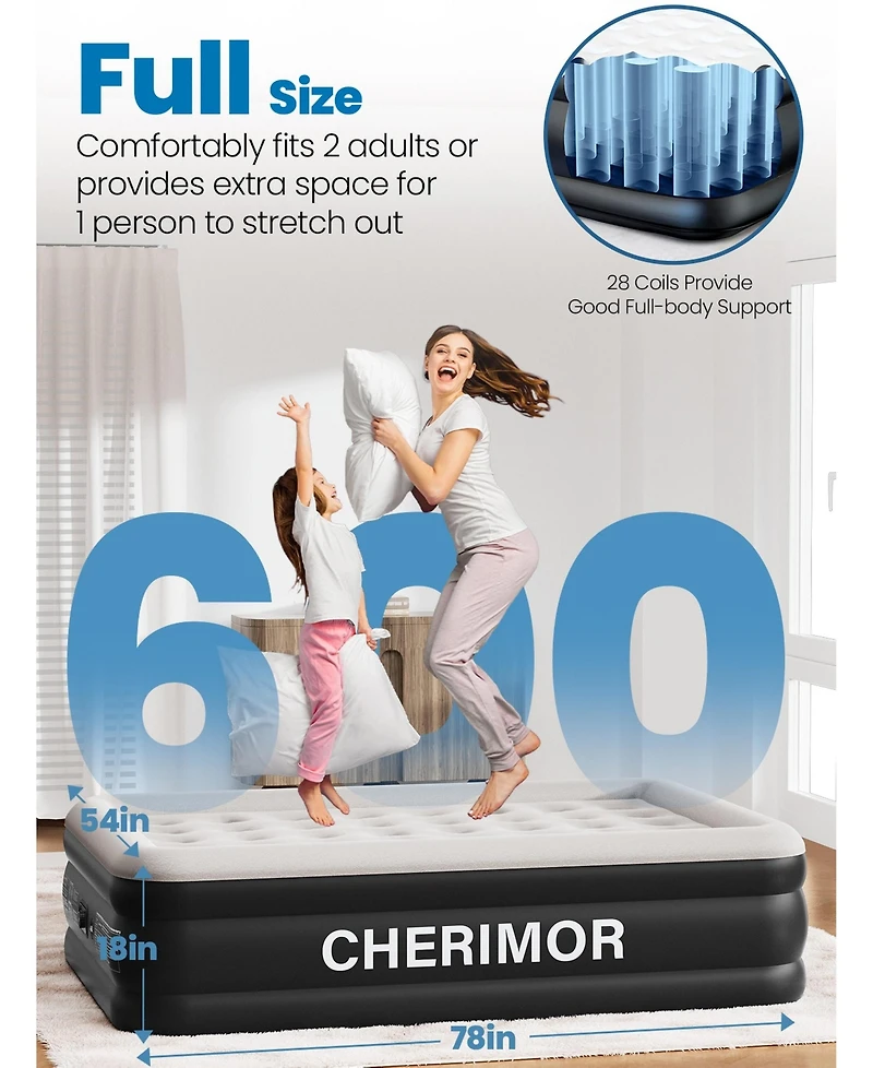 Cherimor 18" Full Air Mattress with Built-in Pump, 600-lb Capacity, Fast Inflation Guest Bed, Honeycomb Support, Blue