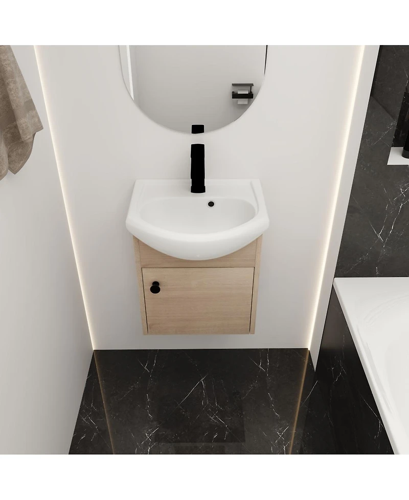 Sillysis 18 Inch Floating Bathroom Vanity with Ceramic Sink, Soft Close Door, Modern Plywood Cabinet for Small Spaces